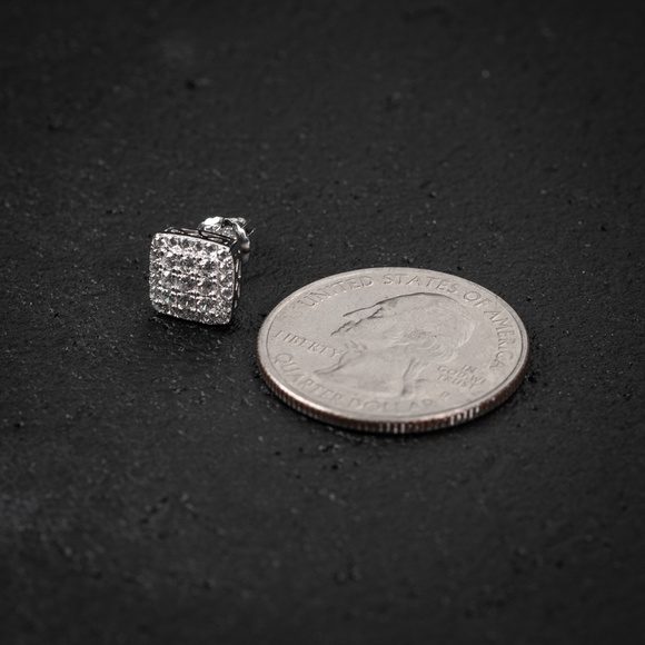 Mens Square White Gold Hip Hop Iced Sterling Silver Screw Back Stud Earrings - Picture 4 of 5